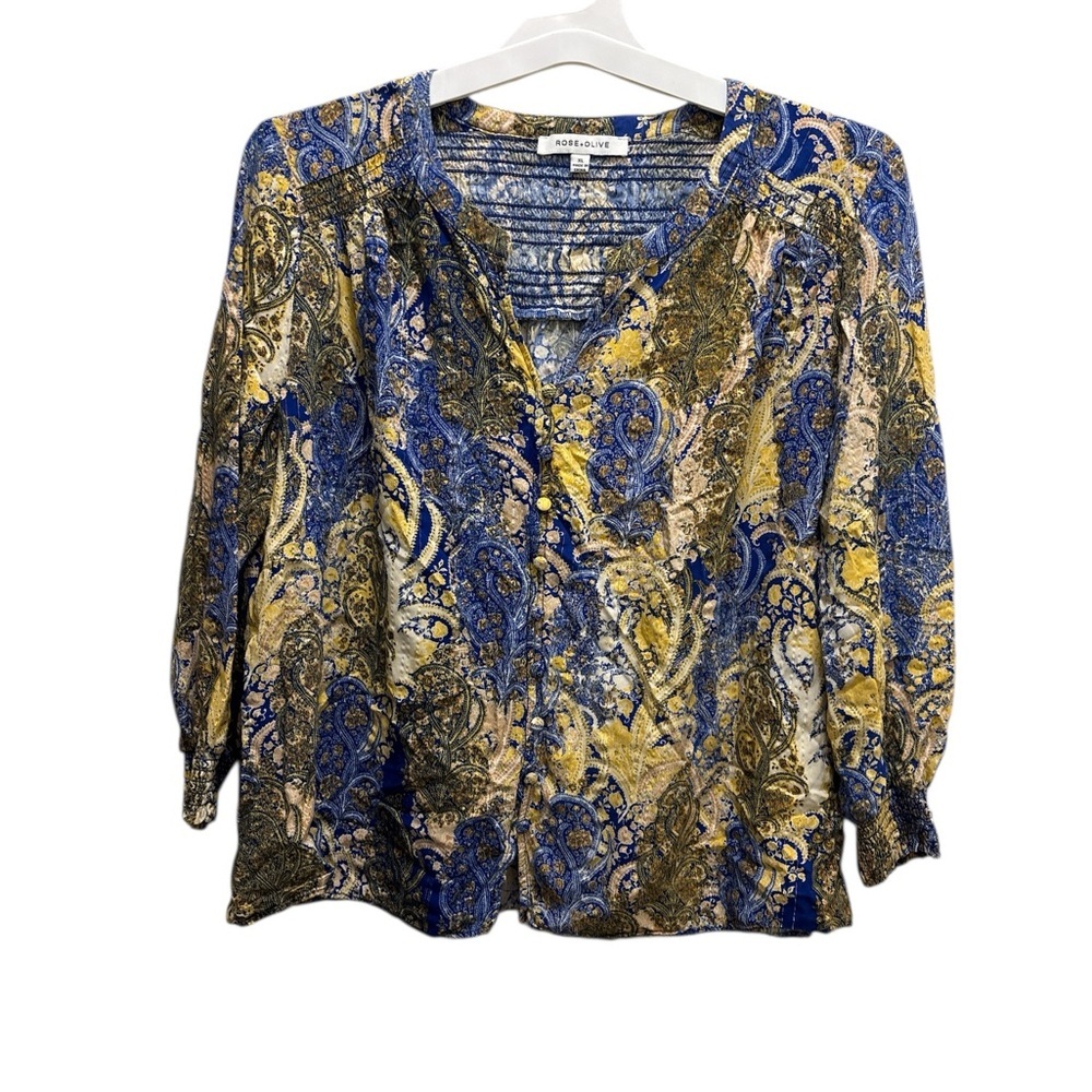 Rose & Olive Blue and Yellow Graphic Blouse with Notched Collar